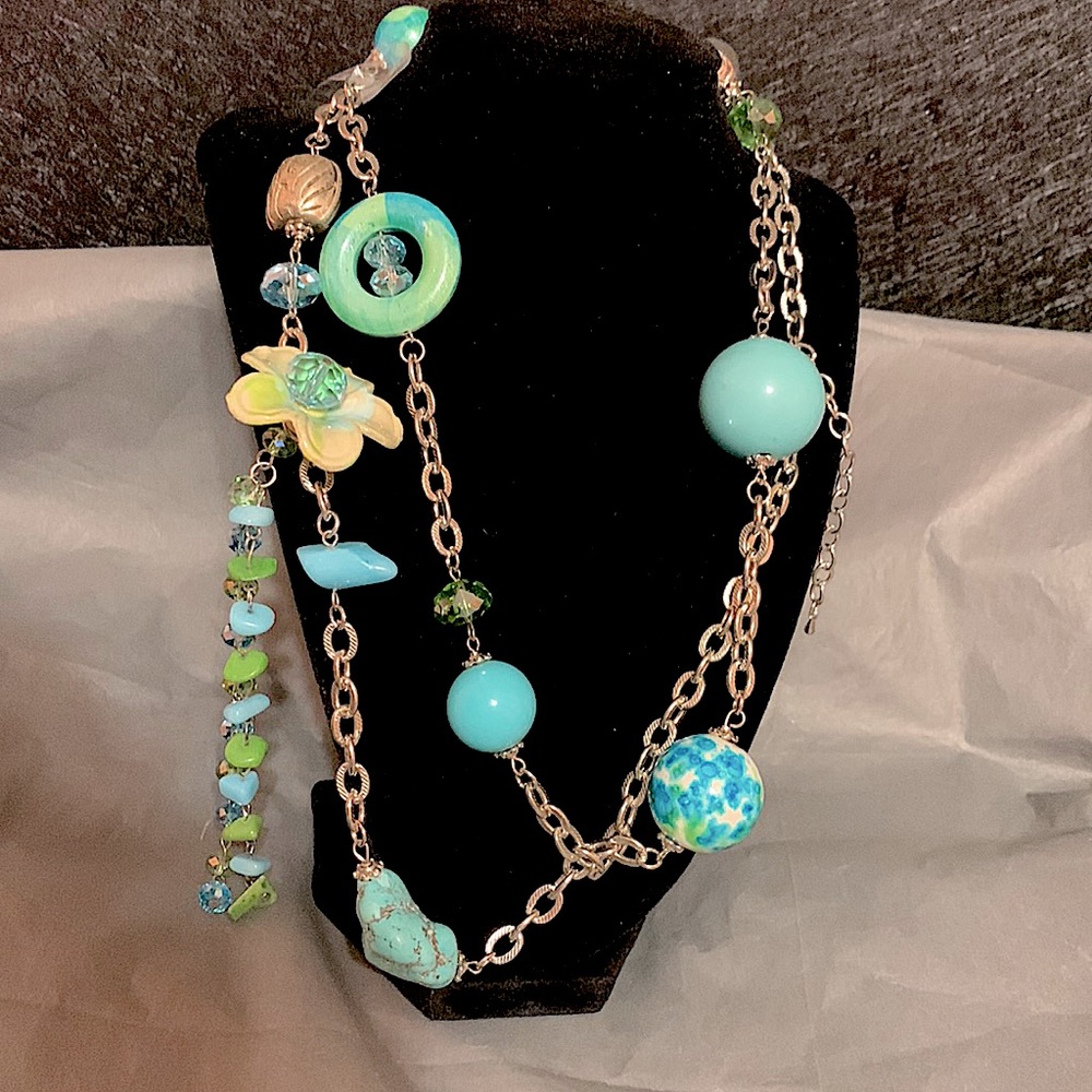 Blue and Green Flower Necklace with Blue and Green Swarovski Beads